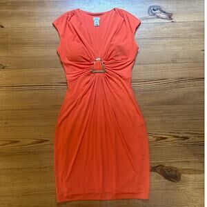 Cache y2k orange ruched plunge neckline gold buckle bodycon mini dress SIZE 8